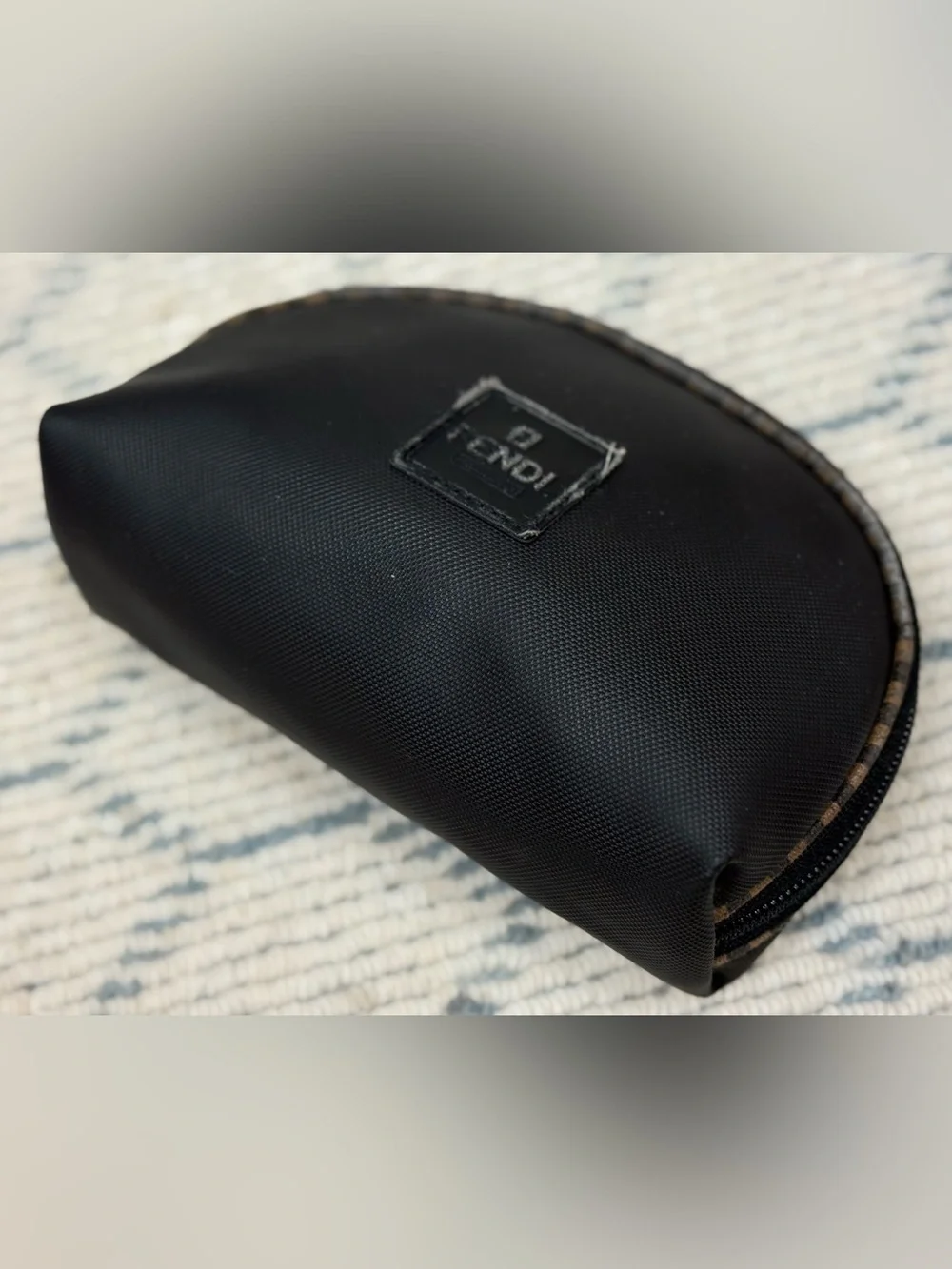 FENDI Vintage 90’s Signature Pequin Black Nylon Half-Moon Clutch/Cosmetic Pouch